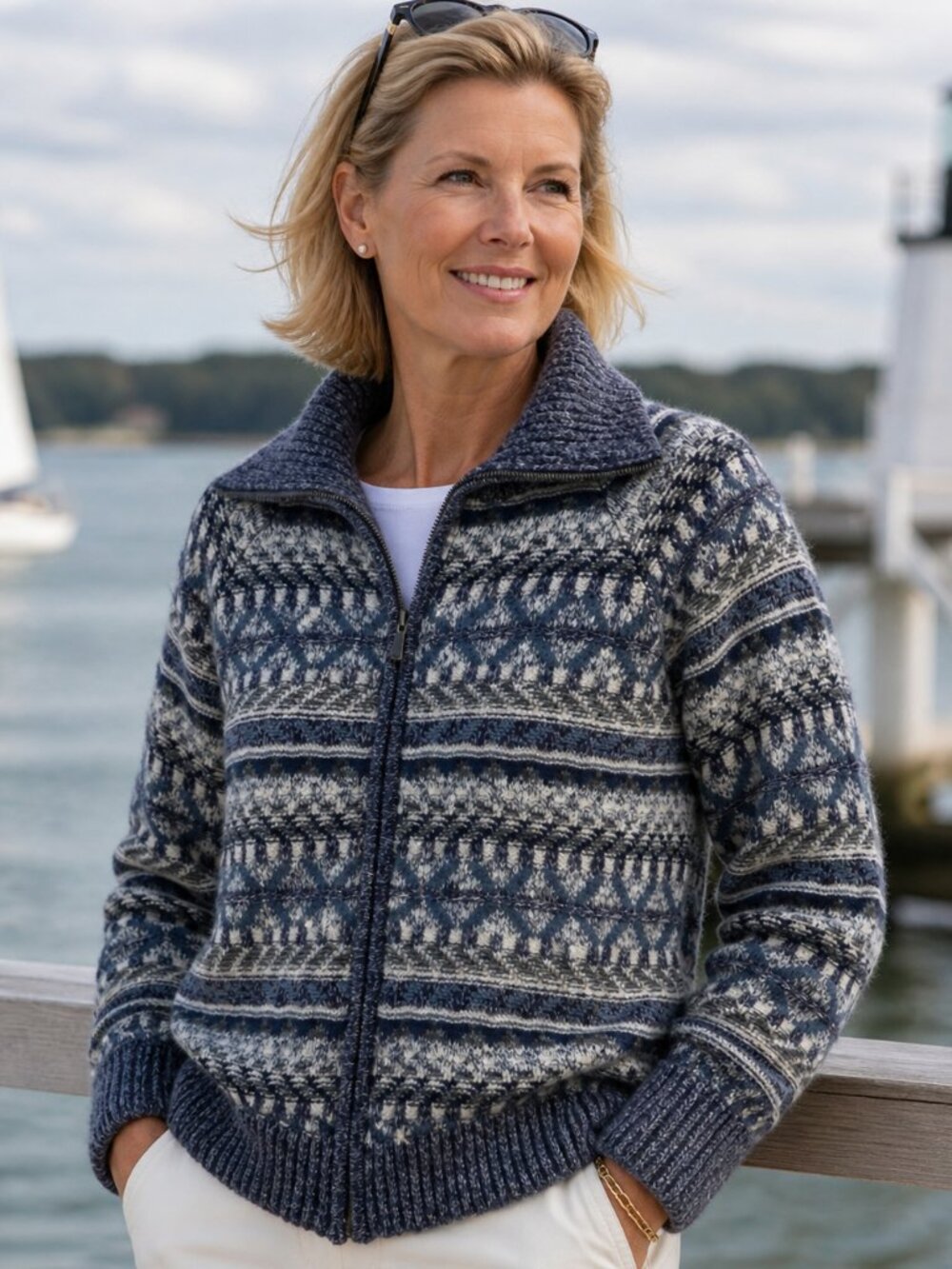 LL Bean Women's Sweater Jacket Size Large Blue Full Zip Western Nautical Outdoor